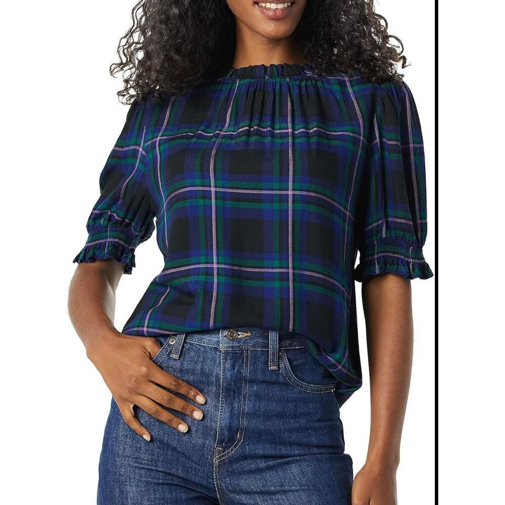 Amazon Essentials plaid ruffle neck flannel top size large